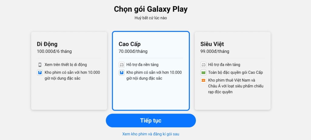 Bảng giá các gói Galaxy Play