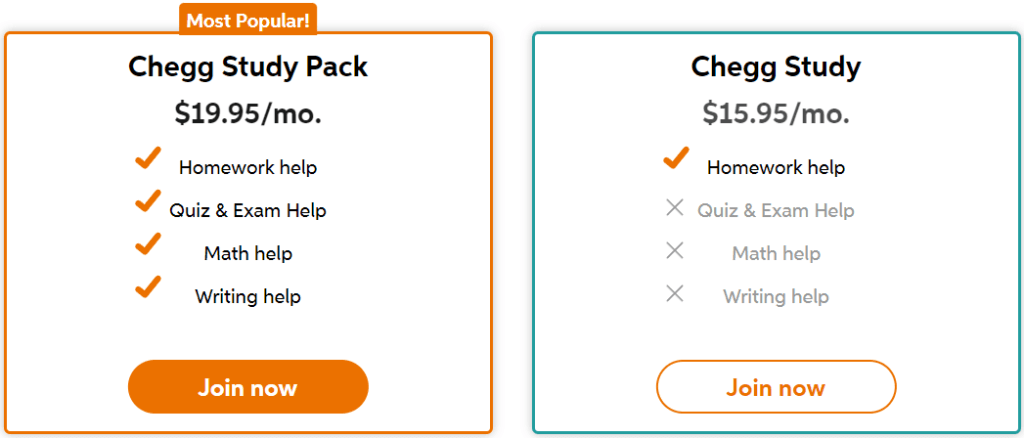 So sánh Chegg Study và Chegg Study Pack