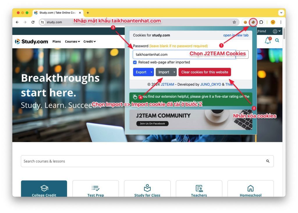 Chia sẻ tài khoản Study.com Premium - Hướng dẫn import cookie